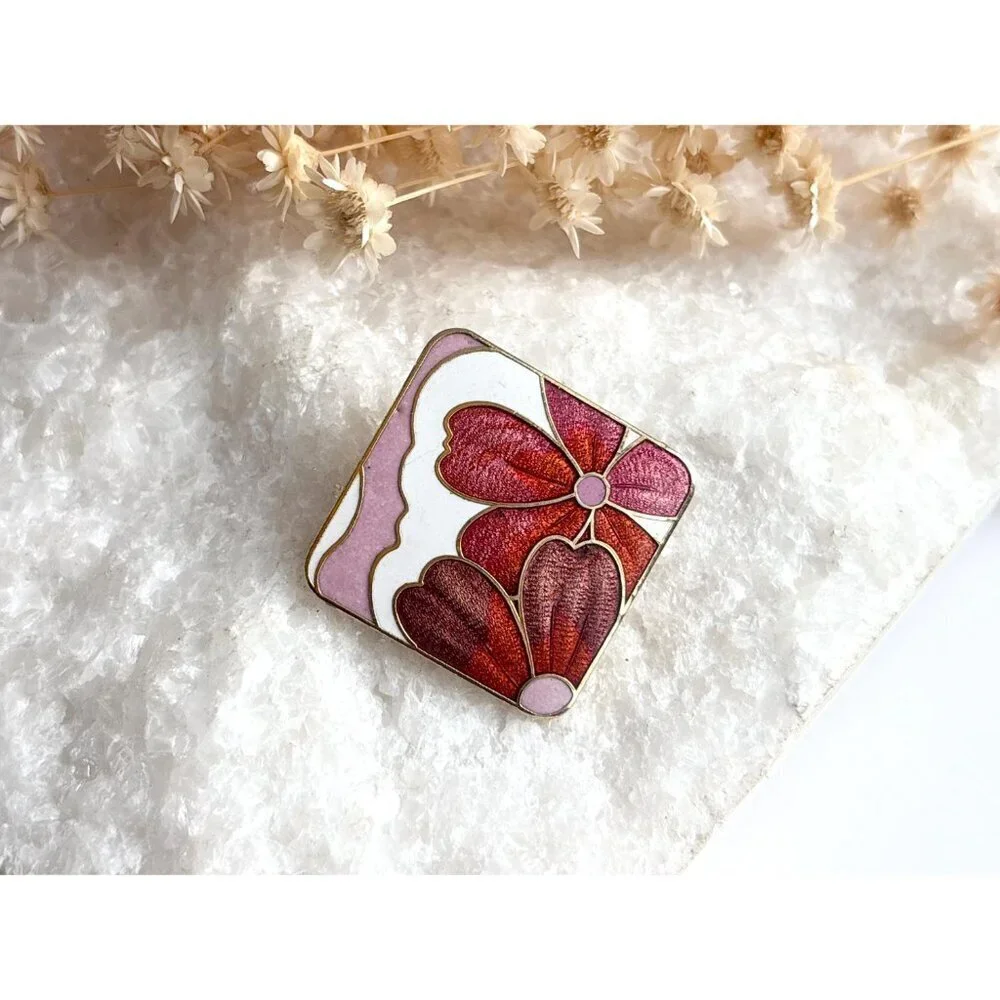 Enameled  Pink & Orange Gold Toned Floral Vintage Costume Jewelry Brooch
